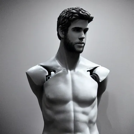 Image similar to “a realistic detailed photo of a guy who is an attractive humanoid who is half robot and half humanoid, who is a male android, actor Liam Hemsworth, shiny skin, posing like a statue, blank stare, at the museum, on display”