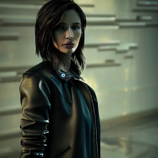 Image similar to stylish woman cartoon portrait made out of rain, leather jacket, cyberpunk background, rendered in octane, unreal engine, highly detailed, trending on artstation, realistic, neon, beautiful