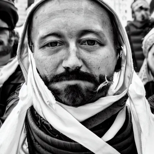 Prompt: medieval protester face photo black and white wide angle lense