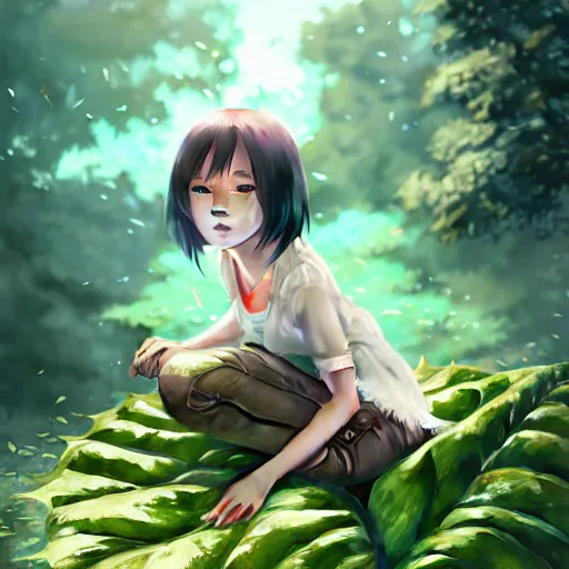 Image similar to very small little girl by ross tran, sitting on a gigantic green leaf by sana takeda, rtx reflections, octane 1 2 8 k, very high intricate details, digital anime art by wlop, medium shot, mid - shot, composition by ilya kuvshinov, lighting by greg rutkowski