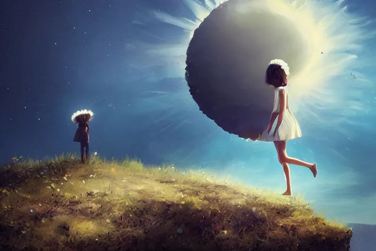 Image similar to giant white daisy flower on head, girl walking on cliff, surreal photography, solar eclipse, milky way, dramatic light, impressionist painting, clouds, digital painting, artstation, james gilleard, liam wong, jeremy mann, simon stalenhag