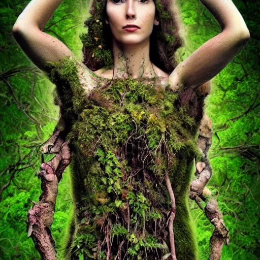 Prompt: mother nature with limbs made of trees and roots, mossy, flowers, human tree hybrid, nature, goddess