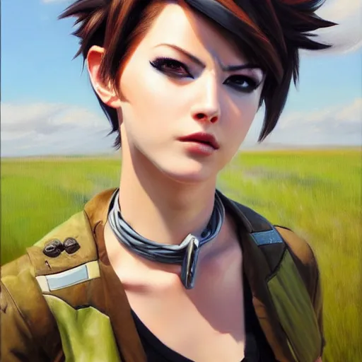 Prompt: oil painting of tracer overwatch in a field, in style of mark arian, expressive face, very detailed face, wearing large steel choker, very detailed eyes, full body, feminine face, detailed makeup on eyes,