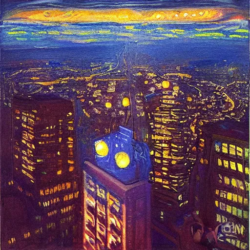 Image similar to impressionistic full - color painting of a distorted mirror reflecting a nightmarish balcony view of boston downtown skyline in 1 9 2 5 at night with a horrifying sky, aerial view, dark, brooding, night, atmospheric, horror, cosmic, ultra - realistic, smooth, highly detailed by dave dorman