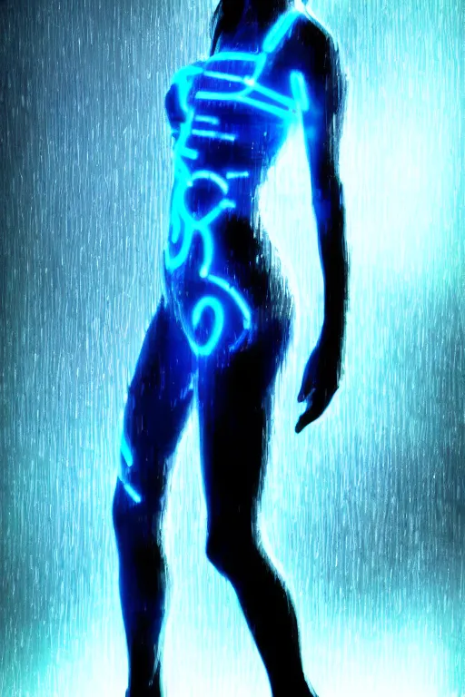 Prompt: summer glau as cortana from halo, glowing translucent digital body made of ones and zeros