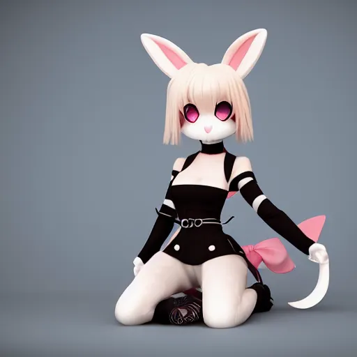 Prompt: cute fumo plush bunny girl, floppy ears, gothic maiden, alert, furry anime, smiling widely, vray