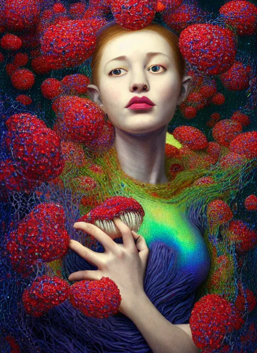 Image similar to hyper detailed 3d render like a Oil painting - Aurora (Singer) Eats of the Strangling Fruit and Her Hands full of gossamer polyp blossoms bring iridescent fungal flowers whose spores black the foolish stars by Jacek Yerka, Mariusz Lewandowski, Houdini algorithmic generative render, Abstract brush strokes, Masterpiece, Edward Hopper and James Gilleard, Zdzislaw Beksinski, Mark Ryden, Wolfgang Lettl, hints of Yayoi Kasuma, octane render, 8k