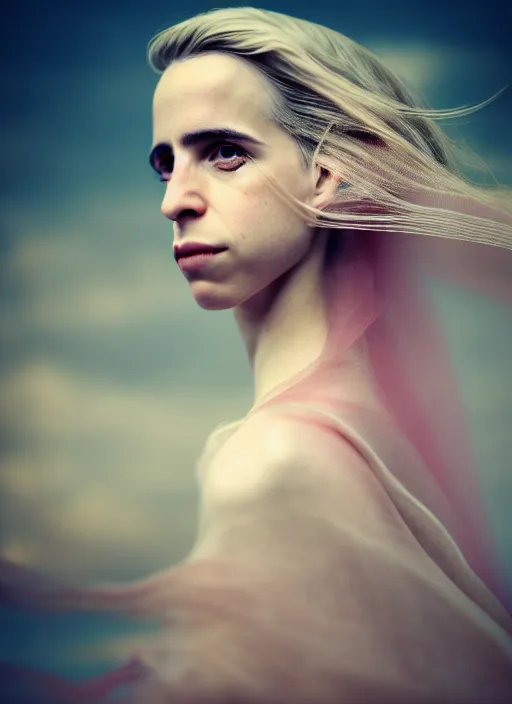 Image similar to portrait photography of a beautiful woman, in fine art photography style of Giovanni Gastel , brit marling style 3/4 , natural color skin pointed in rose, the hair is like stormy clouds, full body dressed with a ethereal transparent voile dress, elegrant, 8K, soft focus, melanchonic soft light, volumetric dramatic lighting, highly detailed Realistic, hyper Refined, Highly Detailed, natural point rose', outdoor soft lighting, soft dramatic lighting colors scheme, soft blur lighting, fine art fashion photography