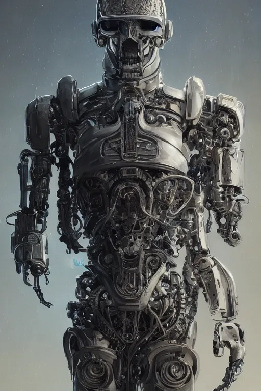 Prompt: Ultra realistic illustration of a robot sitting holding a human skull in it's hands, rune-engraved armor, cyberpunk, sci-fi, fantasy, intricate, elegant, highly detailed, digital painting, artstation, concept art, smooth, 8k octane render, extremely hyperdetailed, intricate complexity, sharp focus, illustration, art by artgerm and greg rutkowski and beeple