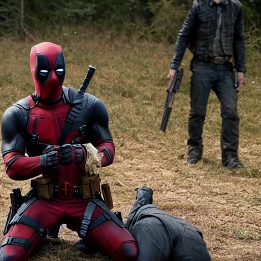 Image similar to deadpool in the walking dead 4 k detailed super realistic