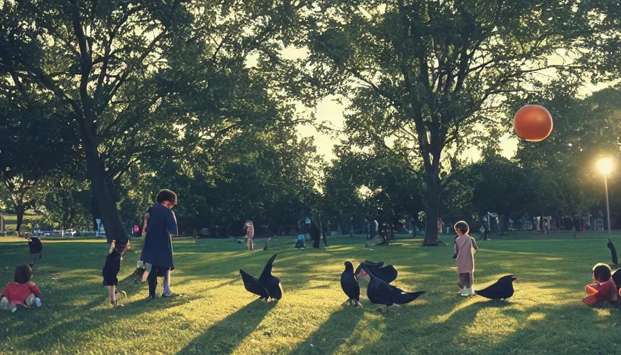 Prompt: 1990s candid photo of a beautiful day at the park, families playing, cinematic lighting, cinematic look, golden hour, large crows wearing sunglasses, Enormous fruit, UHD