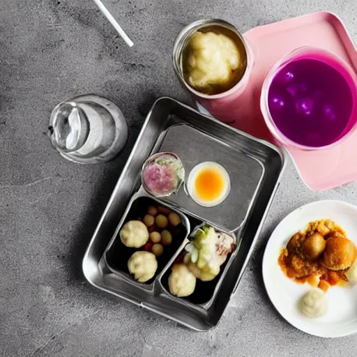 Prompt: a metal tray with dumplings in it, beside a glass of pink boba bubble tea, on a cafeteria table, on the nostromo, alien 1 9 7 9, photorealistic