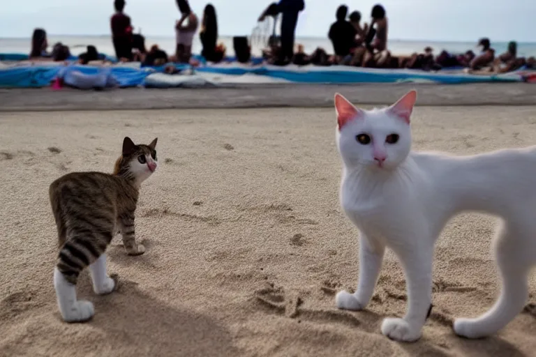 Image similar to cats at the beach and all of the cats are looking directly into the focal point of the camera