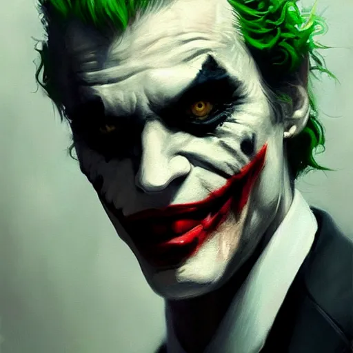 Image similar to very detailed masterpiece painting of the joker, portrait, artstation, concept art by greg rutkowski