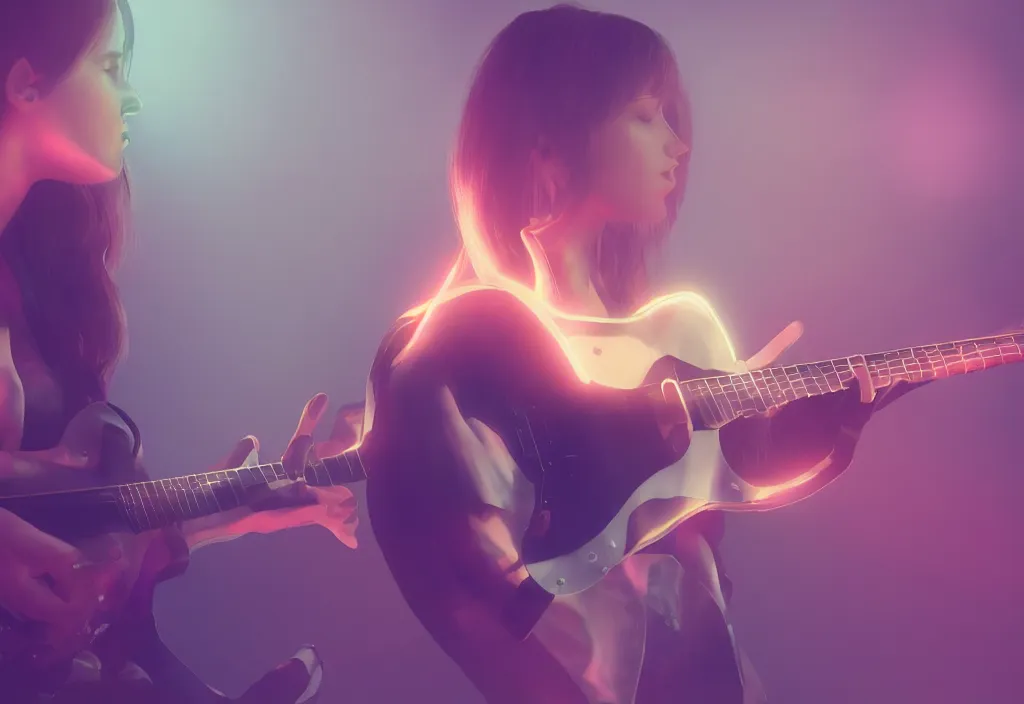 Image similar to women playing guitar, televisions, artstation, details, volumetric light, futuristic, pastel