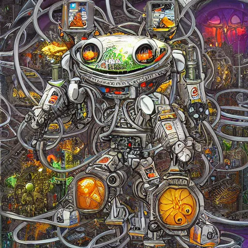 Image similar to magic the gathering art, ver.ka mecha machinarium, complex elaborate amphibian cityscape by Dan Mumford and by Dan Witz