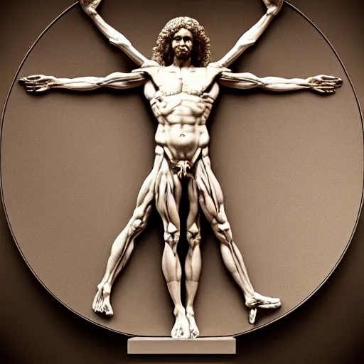 Image similar to Da Vinci's Vitruvian Man as a marble sculpture by Michelangelo, 4k, hyperrealistic, detailed, accurate anatomy, four legs, four arms, octane render, studio lighting