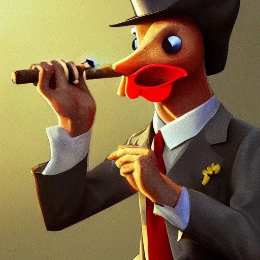 Image similar to a chicken wearing a suit smoking a cigar, dramatic lighting, cinematic, establishing shot, extremly high detail, photorealistic, cinematic lighting, artstation, style by James Gurney