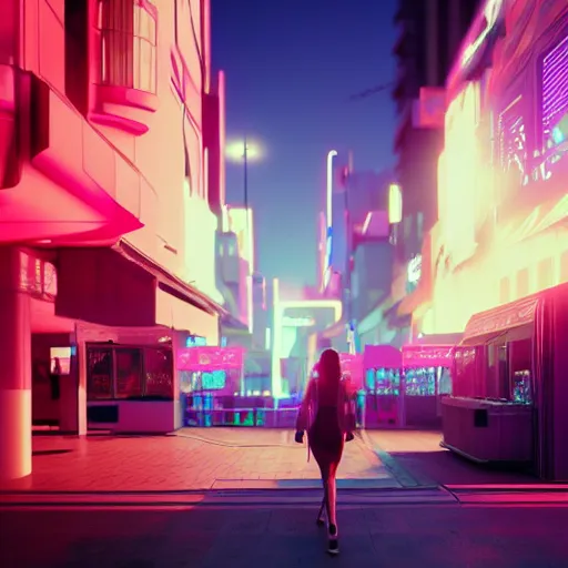 Prompt: a woman walking through a synthwave city, intricate artwork by tooth wu and wlop and beeple, octane render, hyper realism, 8 k