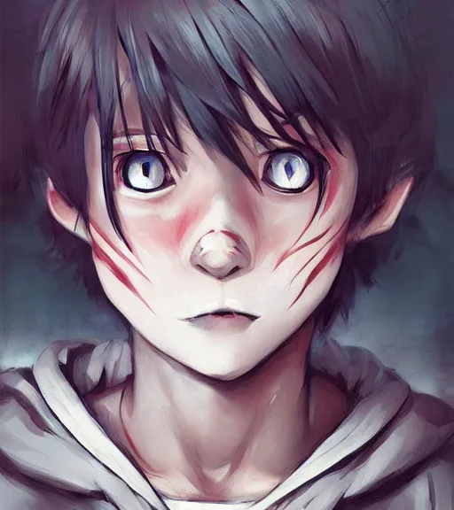 Image similar to beautiful little boy anime character inspired by jason voorhees, art by rossdraws, wlop, ilya kuvshinov, artgem lau, sakimichan and makoto shinkai, horror cinematic composition, anatomically correct, extremely coherent, realistic, mask, smooth, hd, long hair