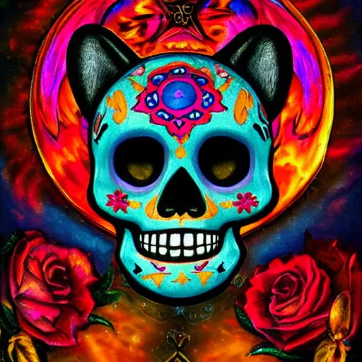 Prompt: a realistic portrait of dia de los muertos fox skull character, themed on the stars and moon, painting by jeff easley, stylized, black light, neon, black velvet, bowling alley carpet, dnd beyond