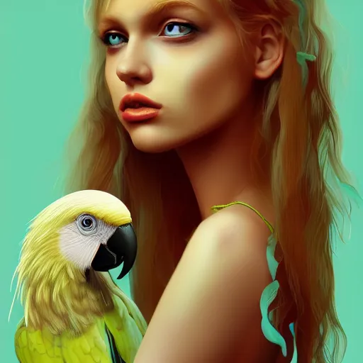 Image similar to portrait of a young blonde alternative instagram girl with a parrot, upper body, long hair, intricate, highly detailed, digital painting, artstation, concept art, matte, sharp focus, illustration