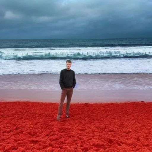 Image similar to vitalik buterin on a red beach taking a selfie