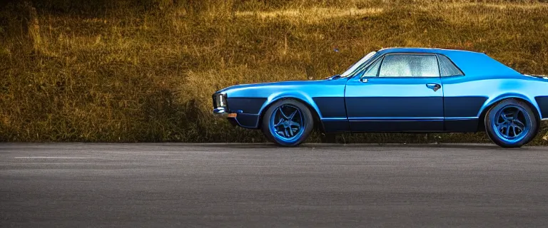 Image similar to denim blue audi camaro b 1 ( 1 9 6 7 ), restomod, establishing shot