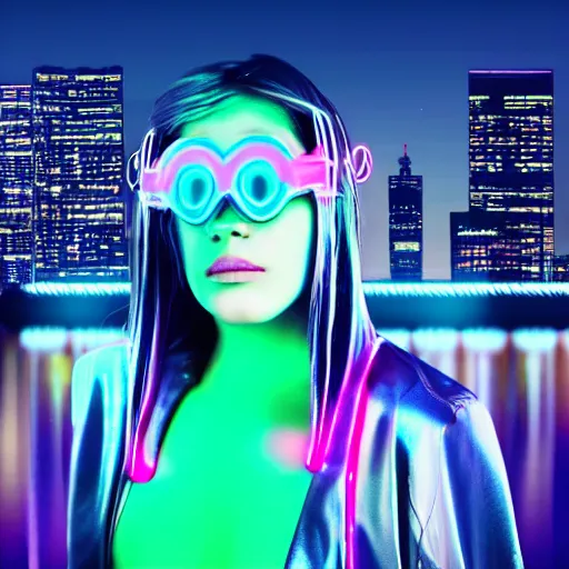 Image similar to girl with neon mask in a retrowave cityscape, 4 k, fhd, - w 9 6 0