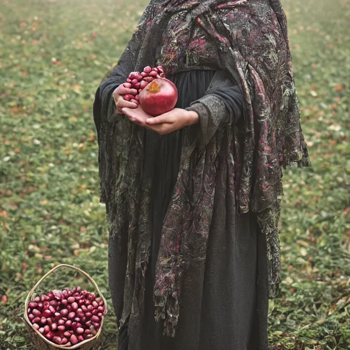 Prompt: a closeup portrait of a woman wearing a cloak made of tangled twisted knotted iridescent ribbon, picking pomegranates from a tree in an orchard, foggy, moody, photograph, by vincent desiderio, canon eos c 3 0 0, ƒ 1. 8, 3 5 mm, 8 k, medium - format print