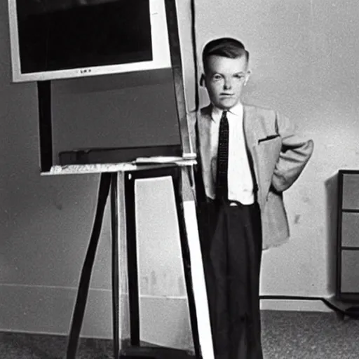 Image similar to old style reel projector with a body in a suit, 1964 photograph, colorized