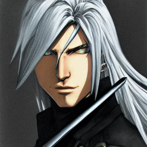 Prompt: sephiroth portrait, drawn by akihiko yoshida, in the style of bravely default ii, fantasy themed, highly detailed, sharp focus, trending on artstation,