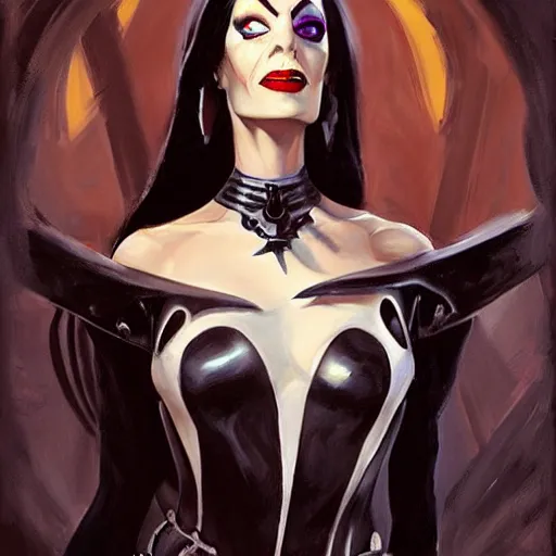 Image similar to greg manchess portrait painting of armored morticia from addams family as overwatch character, medium shot, asymmetrical, profile picture, organic painting, sunny day, matte painting, bold shapes, hard edges, street art, trending on artstation, by huang guangjian and gil elvgren and greg rutkowski