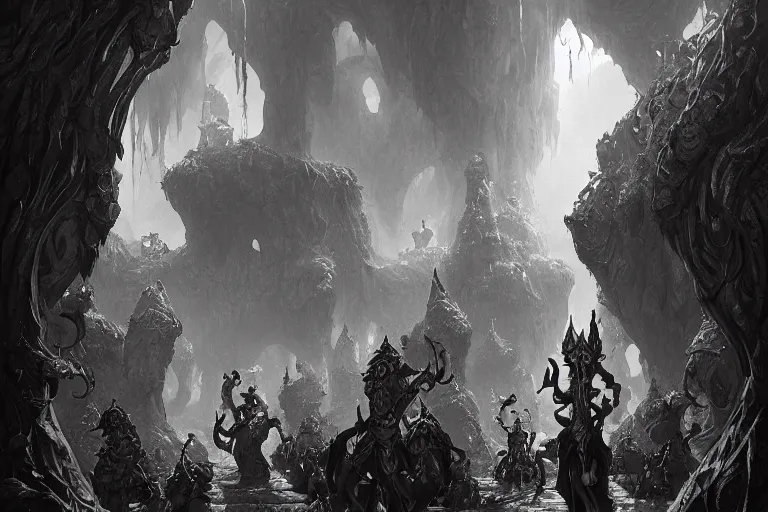 Image similar to black and white point perspective dungeon cozy fantasy dungeon The human defenestrator Katherine and their gelatinous group of goblins are hiding in the flourishing cave.,by artgerm and Craig Mullins, James Jean, Andrey Ryabovichev, Mark Simonetti and Peter Morbacher 16k