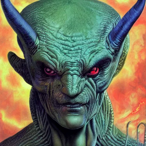 Image similar to realistic alien, medium shot portrait, devil horns, green head. red eyes,!!! human eyes!!!, background flames, by wayne barlowe