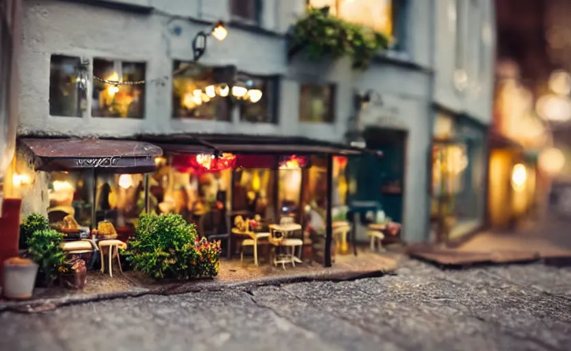 Prompt: miniature cafe dusk diorama macro photography, cafe for mice, alleyway, ambient, atmospheric, british, bokeh, romantic