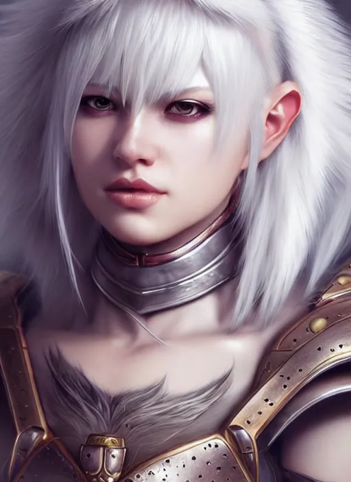 Image similar to warrior, fur leather armor!!! beautiful and elegant white hair female!! gorgeous ayes!! character concept art, sharp focus, octane render! unreal engine 5! highly rendered!! trending on artstation!! detailed linework!! illustration by artgerm, wlop, and chie yoshii