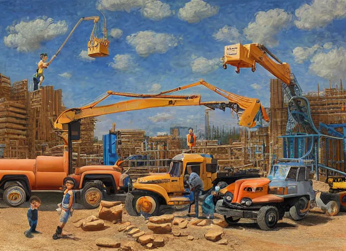 Prompt: a boy and his construction truck friends in a construction site in the style of pixars cars, in the style of jeremy enecio, intricate, miles johnston, monet, cynical realism, john william godward, painterly, yoshitaka amano, miles johnston, louise zhang, pekka halonen, finnish naturalism, realism