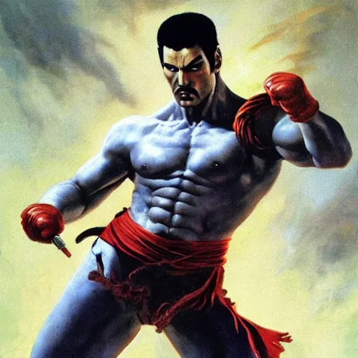 Image similar to freddy mercury as ryu from street fighter, painting by frank frazetta, 4 k, ultra realistic, highly detailed,