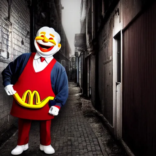 Prompt: Ronald mc donald holding a knife smiling in a back alley way, photo, realistic