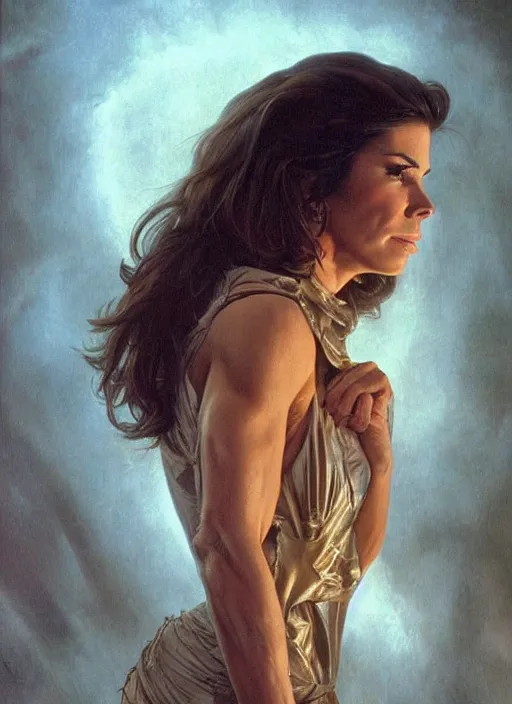 Image similar to Sandra Bullock (1990) as a muscled heroine staring into the camera, torch shadows, foggy night, intricate, elegant, highly detailed, Donato Giancola, Joseph Christian Leyendecker, WLOP, Boris Vallejo, Artgerm