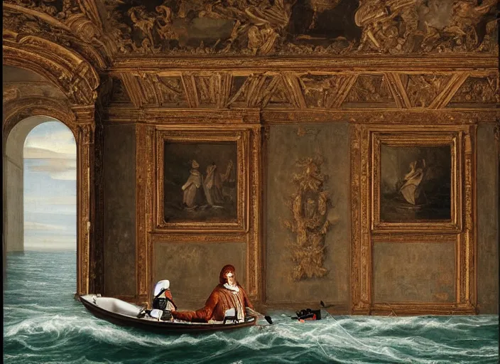 Prompt: a portrait of a humanoid robot sitting in a small boat fishing in a renaissance castle room flooded with water,