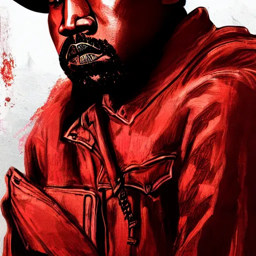 Image similar to kanye west in stephen bliss illustration red dead redemption 2 artwork of kanye west, face, in the style of red dead redemption 2 loading screen, digital art, digital painting, art station, wlop, sharp focus, illustration by stephen bliss, artstation