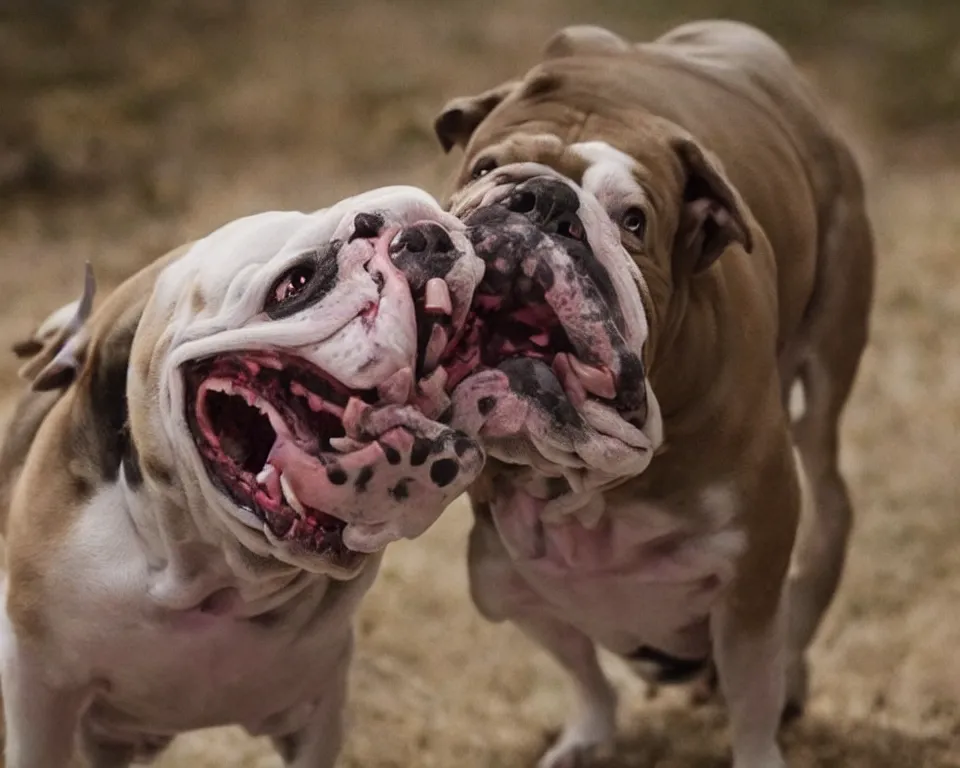 Prompt: a horror movie featuring a scary bull dog chewing on a wasp,