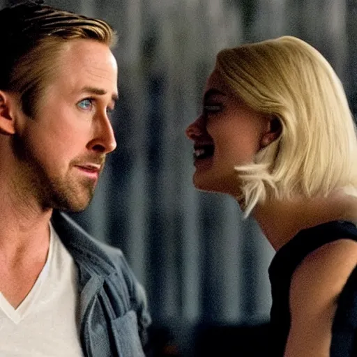 Image similar to still of ryan gosling and margot robbie, in rocky