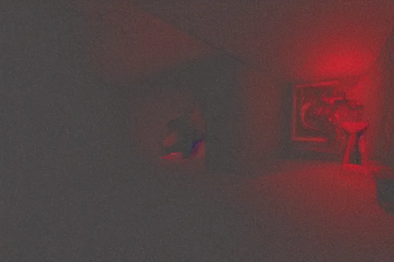 Prompt: cctv footage of an extremely dark empty room with evil horror cryptid monster made out of static, dark deep black shadows, crimson red and black color contrast in the style of trevor henderson and james ensor goya, liminal space, 3 d render, glitch effect