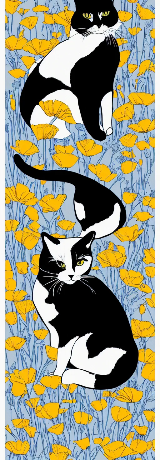 Prompt: black and white minimalist risograph poster of a mackerel tabby cat sitting in california poppies