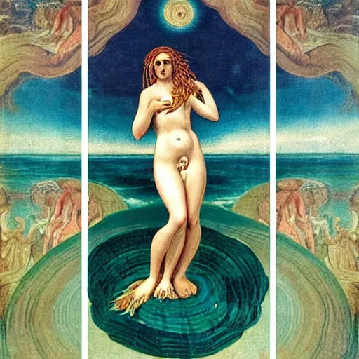 Image similar to The collage depicts the moment when the goddess Venus is born from the sea. She is shown standing on a giant clam shell, with her long, flowing hair blowing in the wind. The collage is full of light and color, and Venus looks like she is about to step into a beautiful, bright future. dada, cosmic horror by Caspar David Friedrich, by Alice Rahon magnificent