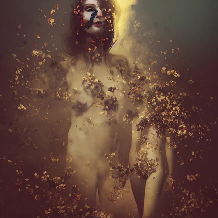 Image similar to The full body shot of beautiful pale woman with many eyes flowers and full-face golden mask inside a thick black smoke in rocky desert landscape, glowing eyes, falling star on the horizon, burning earth by Gaspar Noe and Christopher Doyle, anamorphic lens, anamorphic lens flares, kodakchrome, cinematic composition, practical effects, award winning photo, 8k