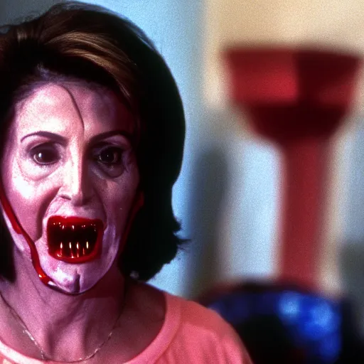 Prompt: A 90s slasher film featuring Nancy Pelosi as the monster